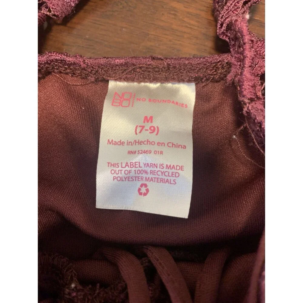 No Boundaries M (7-9)‎ Girls Burgundy Lace Babydoll Top Cottagecore Y2K